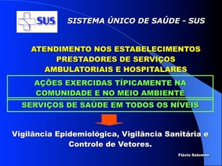 SISTEMA ÚNICO DE SAÚDE - SUS


    ATENDIMENTO NOS ESTABELECIMENTOS
         PRESTADORES DE SERVIÇOS
       AMBULATORIAIS E HOSPITALARES
     AÇÕES EXERCIDAS TÍPICAMENTE NA
     COMUNIDADE E NO MEIO AMBIENTE
  SERVIÇOS DE SAÚDE EM TODOS OS NÍVEIS


Vigilância Epidemiológica, Vigilância Sanitária e
              Controle de Vetores.
                                         Flávio Salomao
 