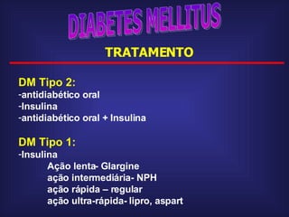 DIABETES MELLITUS TRATAMENTO DM Tipo 2: antidiabético oral Insulina antidiabético oral + Insulina DM Tipo 1: Insulina Ação lenta- Glargine ação intermediária- NPH  ação rápida – regular ação ultra-rápida- lipro, aspart 
