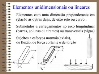 Elementos unidimensionais ou lineares
Elementos com uma dimensão preponderante em
relação às outras duas, de eixo reto ou curvo.
Submetidos a carregamentos no eixo longitudinal
(barras, colunas ou tirantes) ou transversais (vigas)
Sujeitos a esforços normais(axiais),
de flexão, de força cortante e de torção
 