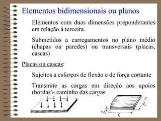Elementos bidimensionais ou planos
Elementos com duas dimensões preponderantes
em relação à terceira.
Submetidos a carregamentos no plano médio
(chapas ou paredes) ou transversais (placas,
cascas)
Placas ou cascas:
Sujeitos a esforços de flexão e de força cortante
Transmite as cargas em direção aos apoios
(bordas)- caminho das cargas
 