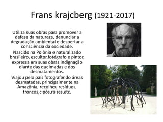 Frans krajcberg (1921-2017)
Utiliza suas obras para promover a
defesa da natureza, denunciar a
degradação ambiental e despertar a
consciência da sociedade.
Nascido na Polônia e naturalizado
brasileiro, escultor,fotógrafo e pintor,
expressa em suas obras indignação
diante das queimadas e dos
desmatamentos.
Viajou pelo país fotografando áreas
desmatadas, principalmente na
Amazônia, recolheu resíduos,
troncos,cipós,raízes,etc.
 