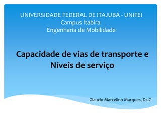 UNIVERSIDADE FEDERAL DE ITAJUBÁ - UNIFEI
Campus Itabira
Engenharia de Mobilidade
Capacidade de vias de transporte e
Níveis de serviço
Glaucio Marcelino Marques, Ds.C
 