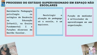 O PROCESSO DO ESTÁGIO SUPERVISIONADO EM ESPAÇO NÃO
ESCOLARES
Restringir a
atuação do pedagogo
só a escola, é um
equívoco.
Função de mediador
e articulador da
aprendizagem em uma
organização.
Geralmente Pedagogia
privilegia os
estágios de Docência
na Educação
Infantil, no Ensino
Fundamental I e
Funções diversas da
Gestão Escolar.
 
