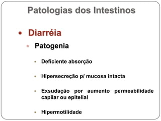 Patologias dos IntestinosDiarréiaPatogeniaDeficiente absorçãoHipersecreção p/ mucosa intactaExsudação por aumento permeabilidade capilar ou epitelialHipermotilidade