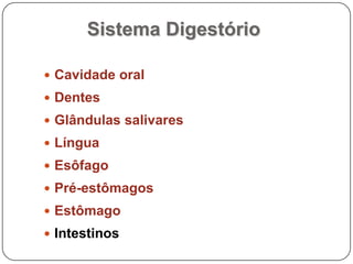 Sistema DigestórioCavidade oralDentesGlândulas salivaresLínguaEsôfagoPré-estômagosEstômagoIntestinos