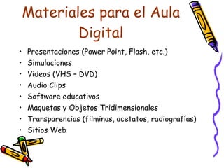 Materiales para el Aula Digital Presentaciones (Power Point, Flash, etc.) Simulaciones Video s (VHS – DVD) Audio Clips Software educativos Maquetas y Objetos Tridimensionales Transparencias (filminas, acetatos, radiografías) Sitios Web 