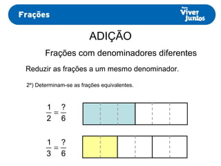 ADIÇÃO
Frações com denominadores diferentes
Reduzir as frações a um mesmo denominador.
6
?
2
1
=
2º) Determinam-se as frações equivalentes.
6
?
3
1
=
 