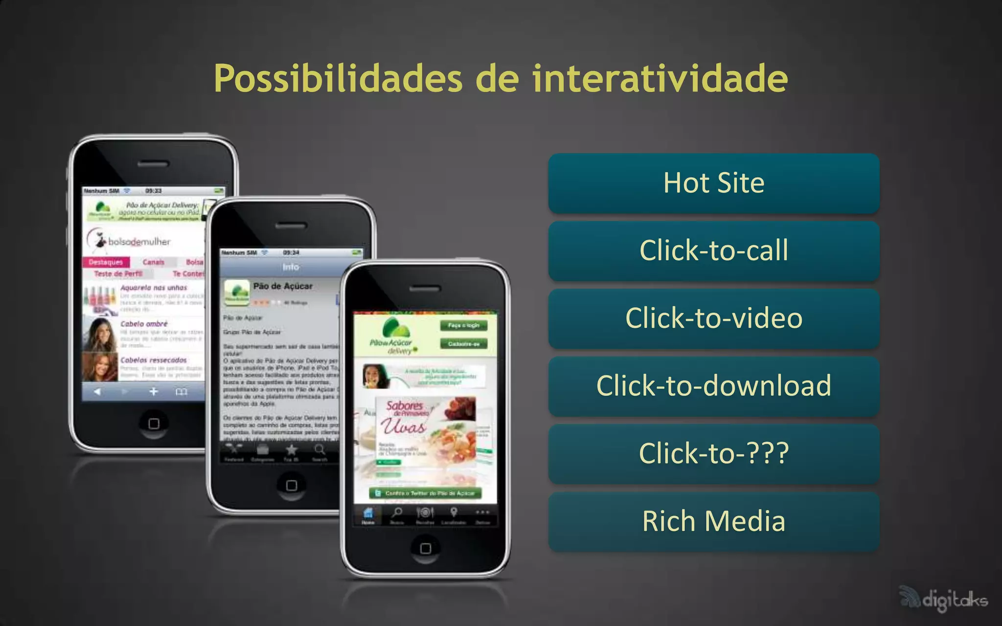 Possibilidades de interatividade

                          Hot Site

                        Click-to-call

                       Click-to-video

                     Click-to-download

                        Click-to-???

                        Rich Media
 
