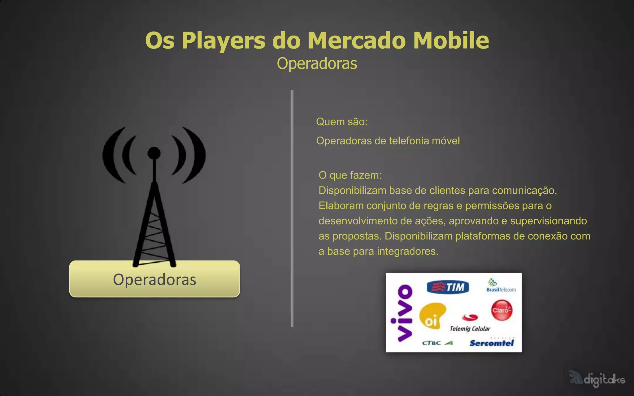 Os Players do Mercado Mobile
             Operadoras


                 Quem são:
                 Operadoras de telefonia móvel


                  O que fazem:
                  Disponibilizam base de clientes para comunicação,
                  Elaboram conjunto de regras e permissões para o
                  desenvolvimento de ações, aprovando e supervisionando
                  as propostas. Disponibilizam plataformas de conexão com
                  a base para integradores.

Operadoras
 