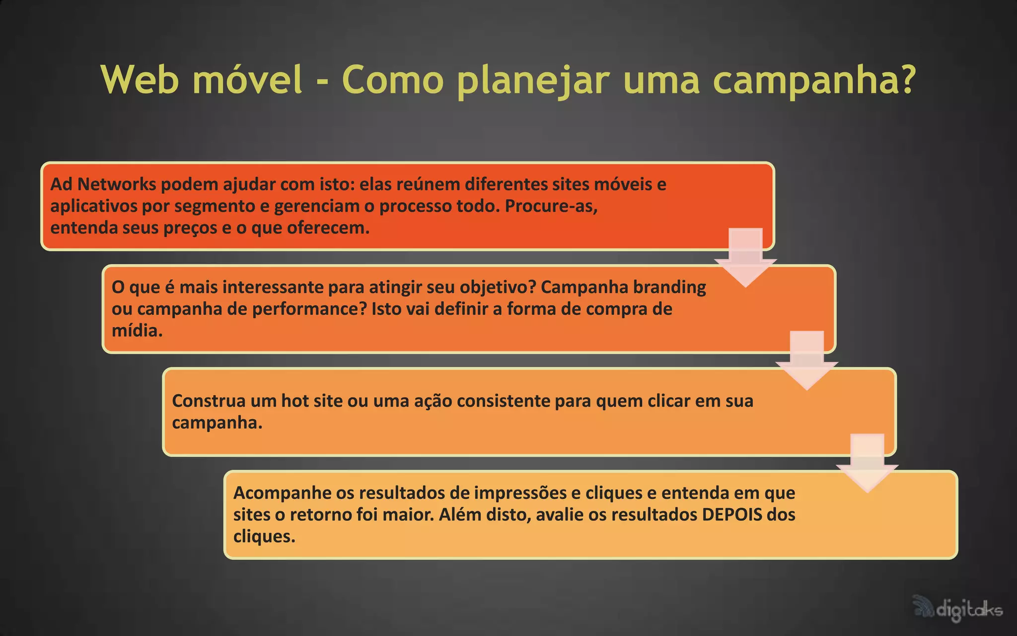 Web móvel - Como planejar uma campanha?

Ad Networks podem ajudar com isto: elas reúnem diferentes sites móveis e
aplicativos por segmento e gerenciam o processo todo. Procure-as,
entenda seus preços e o que oferecem.

       O que é mais interessante para atingir seu objetivo? Campanha branding
       ou campanha de performance? Isto vai definir a forma de compra de
       mídia.


              Construa um hot site ou uma ação consistente para quem clicar em sua
              campanha.


                     Acompanhe os resultados de impressões e cliques e entenda em que
                     sites o retorno foi maior. Além disto, avalie os resultados DEPOIS dos
                     cliques.
 