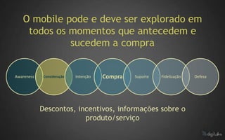 O mobile pode e deve ser explorado em
    todos os momentos que antecedem e
             sucedem a compra


Awareness    Consideração   Intenção   Compra   Suporte   Fidelização   Defesa




            Descontos, incentivos, informações sobre o
                         produto/serviço
 