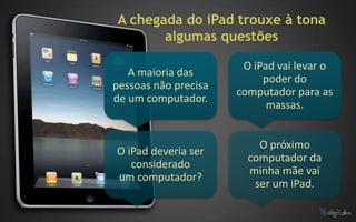 A chegada do iPad trouxe à tona
       algumas questões

                       O iPad vai levar o
   A maioria das
                           poder do
pessoas não precisa
                      computador para as
de um computador.
                            massas.


                          O próximo
O iPad deveria ser
                        computador da
   considerado
                        minha mãe vai
um computador?
                         ser um iPad.
 