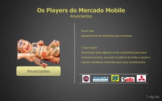 Os Players do Mercado Mobile
              Anunciantes


                   Quem são:
                   Departamento de Marketing das empresas



                   O que fazem:
                   Demandam para agência novas campanhas para seus
                   produtos/serviços, aprovam os planos de mídia e peças e
                   cobram resultados eficientes para seus investimentos


Anunciantes
 