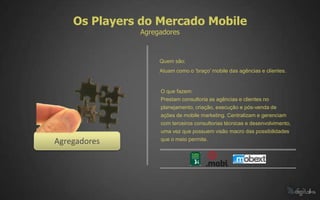 Os Players do Mercado Mobile
              Agregadores



                   Quem são:
                   Atuam como o ‘braço’ mobile das agências e clientes.


                   O que fazem:
                   Prestam consultoria as agências e clientes no
                   planejamento, criação, execução e pós-venda de
                   ações de mobile marketing. Centralizam e gerenciam
                   com terceiros consultorias técnicas e desenvolvimento,
                   uma vez que possuem visão macro das possibilidades

Agregadores        que o meio permite.
 