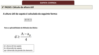 6° PASSO: Cálculo da altura útil
A altura útil da sapata é calculada da seguinte forma:
d= altura útil da sapata
A= dimensão da sapata
ap= dimensão da parede de alvenaria
SAPATA CORRIDA
Para a aplicabilidade do Método das Bielas:
 