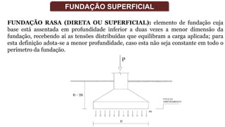 FUNDAÇÃO RASA (DIRETA OU SUPERFICIAL): elemento de fundação cuja
base está assentada em profundidade inferior a duas vezes a menor dimensão da
fundação, recebendo aí as tensões distribuídas que equilibram a carga aplicada; para
esta definição adota-se a menor profundidade, caso esta não seja constante em todo o
perímetro da fundação.
FUNDAÇÃO SUPERFICIAL
 