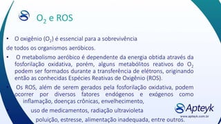 O2 e ROS
• O oxigênio (O2) é essencial para a sobrevivência
de todos os organismos aeróbicos.
• O metabolismo aeróbico é dependente da energia obtida através da
fosforilação oxidativa, porém, alguns metabólitos reativos do O2
podem ser formados durante a transferência de elétrons, originando
então as conhecidas Espécies Reativas de Oxigênio (ROS).
• Os ROS, além de serem gerados pela fosforilação oxidativa, podem
ocorrer por diversos fatores endógenos e exógenos como
inflamação, doenças crônicas, envelhecimento,
• uso de medicamentos, radiação ultravioleta
poluição, estresse, alimentação inadequada, entre outros.
 