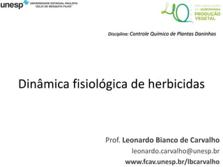 Dinâmica fisiológica de herbicidas
Prof. Leonardo Bianco de Carvalho
leonardo.carvalho@unesp.br
www.fcav.unesp.br/lbcarvalho
Disciplina: Controle Químico de Plantas Daninhas
 