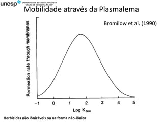 Mobilidade através da Plasmalema
Herbicidas não iônizáveis ou na forma não-iônica
Bromilow et al. (1990)
 