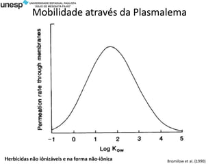 Mobilidade através da Plasmalema
Bromilow et al. (1990)
Herbicidas não iônizáveis e na forma não-iônica
 
