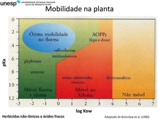 Mobilidade na planta
Adaptado de Bromilow et al. (1990)
pKa
log Kow
Herbicidas não-iônicos e ácidos fracos
 