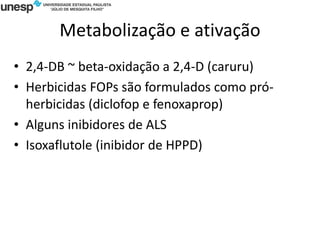Metabolização e ativação
• 2,4-DB ~ beta-oxidação a 2,4-D (caruru)
• Herbicidas FOPs são formulados como pró-
herbicidas (diclofop e fenoxaprop)
• Alguns inibidores de ALS
• Isoxaflutole (inibidor de HPPD)
 