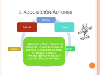 3. ADQUISICIÓN-AUTORES
COPLA
Qué es?

Clases

Historia

Salvo Ruiz y Ñito Restrepo en
Antioquia, Braulio Montoya en
Características
Quindío, Crescencio Salcedo
en Bolívar, Lorenzo
Morales, Emiliano Zuleta y
Leandro Díaz en el Cesar.

 