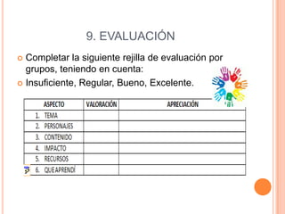 9. EVALUACIÓN
Completar la siguiente rejilla de evaluación por
grupos, teniendo en cuenta:
 Insuficiente, Regular, Bueno, Excelente.


 