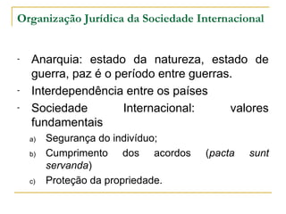 Organização Jurídica da Sociedade Internacional 
- Anarquia: estado da natureza, estado de 
guerra, paz é o período entre guerras. 
- Interdependência entre os países 
- Sociedade Internacional: valores 
fundamentais 
a) Segurança do indivíduo; 
b) Cumprimento dos acordos (pacta sunt 
servanda) 
c) Proteção da propriedade. 
 