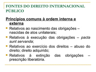 FONTES DO DIREITO INTERNACIONAL 
PÚBLICO 
Princípios comuns à ordem interna e 
externa 
 Relativos ao nascimento das obrigações – 
nascidas de atos unilaterais; 
 Relativos à execução das obrigações – pacta 
sunt servanda; 
 Relativos ao exercício dos direitos – abuso do 
direito; direito adquirido; 
 Relativos à extinção das obrigações – 
prescrição liberatória. 
 