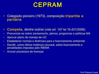• Colegiado pioneiro (1973), composiçãoColegiado pioneiro (1973), composição tripartite e
paritária
• Compete, dentre outros, dentre outros (vide art. 147 lei 10.431/2006):(vide art. 147 lei 10.431/2006):
- Pronunciar-se sobre zoneamento, planos, programas e políticas MAPronunciar-se sobre zoneamento, planos, programas e políticas MA
- Aprovar plano de manejo de UCAprovar plano de manejo de UC
- Estabelecer normas e diretrizes para o licenciamento ambientalEstabelecer normas e diretrizes para o licenciamento ambiental
- Decidir, como última instância recursal, sobre licenciamento eDecidir, como última instância recursal, sobre licenciamento e
penalidades impostas pelo INEMApenalidades impostas pelo INEMA
- Avocar processos de licençasAvocar processos de licenças
CEPRAMCEPRAM
Profª Roberta Casali
 