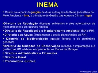 INEMAINEMA
• Criado em a partir da junção de duas autarquias da Sema (o Instituto do
Meio Ambiente – Ima, e o Instituto de Gestão das Águas e Clima – Ingá)
•Diretoria de Regulação (licenças ambientais e atos autorizativos de
meio ambiente e de recursos hídricos)
• Diretoria de Fiscalização e Monitoramento Ambiental (MA e RH)
• Diretoria das Águas (implementar e avalia planos/ações de RH)
• Diretoria de Biodiversidade (gestão florestal e do patrimônio
genético)
•Diretoria de Unidades de Conservação (criação, a implantação e a
gestão das UC; elaborar e implementar os Planos de Manejo)
• Diretoria Administrativa e Financeira
• Diretoria Geral
• Procuradoria Jurídica
Profª Roberta Casali
 