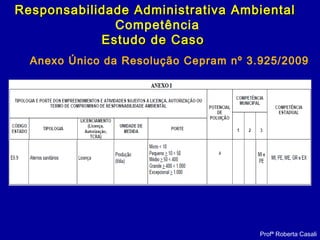 Profª Roberta Casali
Responsabilidade Administrativa AmbientalResponsabilidade Administrativa Ambiental
Competência
Estudo de CasoEstudo de Caso
Anexo Único da Resolução Cepram nº 3.925/2009
 