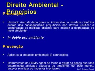 Direito Ambiental -
PrincípiosPrecaução
• Havendo risco de dano grave ou irreversível, a incerteza científica
acerca das consequências prejudiciais não deverá justificar a
postergação de medidas eficazes para impedir a degradação do
meio ambiente.
• in dubio pro ambiente
Prevenção
• Aplica-se a impactos ambientais já conhecidos
• Instrumentos da PNMA agem de forma a evitar os danos que uma
determinada atividade causaria ao ambiente, ou, pelo menos,
antever e mitigar os impactos inevitáveis Profª Roberta Casali
 