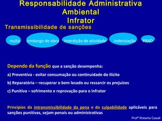 Transmissibilidade de sançõesTransmissibilidade de sanções
multa embargo de obra interdição de atividade indenização PRAD
Depende da funçãoDepende da função que a sanção desempenha:
a) Preventiva - evitar consumação ou continuidade do ilícito
b) Reparatória – recuperar o bem lesado ou ressarcir os prejuízos
c) Punitiva – sofrimento e reprovação para o infrator
Princípios da intransmissibilidade da pena e da culpabilidade aplicáveis para
sanções punitivas, sejam penais ou administrativas
Profª Roberta Casali
Responsabilidade AdministrativaResponsabilidade Administrativa
AmbientalAmbiental
InfratorInfrator
 
