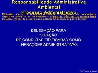 Reflexões acerca da inconstitucionalidade de delegações de competênciaReflexões acerca da inconstitucionalidade de delegações de competência
legislativa previstas na lei 9.605/98 –legislativa previstas na lei 9.605/98 – ofensa ao princípio da reserva legalofensa ao princípio da reserva legal
(regulamentação de determinadas matérias há de fazer-se por lei formal)(regulamentação de determinadas matérias há de fazer-se por lei formal)
DELEGAÇÃO PARA
CRIAÇÃO
DE CONDUTAS TIPIFICADAS COMO
INFRAÇÕES ADMINISTRATIVAS
Profª Roberta Casali
Responsabilidade AdministrativaResponsabilidade Administrativa
AmbientalAmbiental
Processo AdministrativoProcesso Administrativo
 