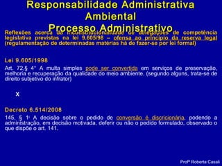 Reflexões acerca da inconstitucionalidade de delegações de competênciaReflexões acerca da inconstitucionalidade de delegações de competência
legislativa previstas na lei 9.605/98 –legislativa previstas na lei 9.605/98 – ofensa ao princípio da reserva legalofensa ao princípio da reserva legal
(regulamentação de determinadas matérias há de fazer-se por lei formal)(regulamentação de determinadas matérias há de fazer-se por lei formal)
Lei 9.605/1998
Art. 72,§ 4° A multa simples pode ser convertida em serviços de preservação,
melhoria e recuperação da qualidade do meio ambiente. (segundo alguns, trata-se de
direito subjetivo do infrator)
X
Decreto 6.514/2008
145, § 1o
A decisão sobre o pedido de conversão é discricionária, podendo a
administração, em decisão motivada, deferir ou não o pedido formulado, observado o
que dispõe o art. 141.
Profª Roberta Casali
Responsabilidade AdministrativaResponsabilidade Administrativa
AmbientalAmbiental
Processo AdministrativoProcesso Administrativo
 