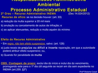 2º Grau – Recurso Administrativo INEMA2º Grau – Recurso Administrativo INEMA (Dec 14.024/2012)(Dec 14.024/2012)
Recurso de ofícioRecurso de ofício se na decisão houver: (art. 93)
a) redução da multa superior a 20 mil reais
b) anulação ou cancelamento de autos de infração; e
c) ao aplicar atenuantes, redução a multa aquém do mínimo
Efeito do Recurso AdministrativoEfeito do Recurso Administrativo
• Em regra, não tem efeito suspensivo, salvo: (art. 128)
a) justo receio de prejuízo ou difícil e incerta reparação, em que a autoridade
poderá atribuir efeito suspensivo; ou,
b) Quando for penalidade de multa
OBS. Contagem de prazo: exclui dia do início e inclui dia do vencimento,
prorrogando este para o 1º dia útil seguinte se recair em dia sem expediente no
INEMA (art.259, §2º)
Responsabilidade AdministrativaResponsabilidade Administrativa
AmbientalAmbiental
Processo Administrativo EstadualProcesso Administrativo Estadual
Profª Roberta Casali
 