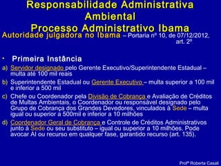 Autoridade julgadora no IbamaAutoridade julgadora no Ibama – Portaria nº 10, de 07/12/2012,
art. 2º
• Primeira Instância
a) Servidor designado pelo Gerente Executivo/Superintendente Estadual –
multa até 100 mil reais
b) Superintendente Estadual ou Gerente Executivo – multa superior a 100 mil
e inferior a 500 mil
c) Chefe ou Coordenador pela Divisão de Cobrança e Avaliação de Créditos
de Multas Ambientais, o Coordenador ou responsável designado pelo
Grupo de Cobrança dos Grandes Devedores, vinculados à Sede – multa
igual ou superior a 500mil e inferior a 10 milhões
d) Coordenador Geral de Cobrança e Controle de Créditos Administrativos
junto à Sede ou seu substituto – igual ou superior a 10 milhões. Pode
avocar AI ou recurso em qualquer fase, garantido recurso (art. 135).
Responsabilidade AdministrativaResponsabilidade Administrativa
AmbientalAmbiental
Processo Administrativo IbamaProcesso Administrativo Ibama
Profª Roberta Casali
 