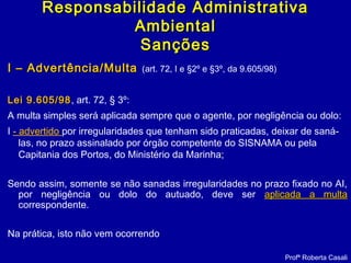 I – Advertência/MultaI – Advertência/Multa (art. 72, I e §2º e §3º, da 9.605/98)
Lei 9.605/98Lei 9.605/98, art. 72, § 3º:
A multa simples será aplicada sempre que o agente, por negligência ou dolo:
I - advertido por irregularidades que tenham sido praticadas, deixar de saná-
las, no prazo assinalado por órgão competente do SISNAMA ou pela
Capitania dos Portos, do Ministério da Marinha;
Sendo assim, somente se não sanadas irregularidades no prazo fixado no AI,
por negligência ou dolo do autuado, deve ser aplicada a multaaplicada a multa
correspondente.
Na prática, isto não vem ocorrendo
Profª Roberta Casali
Responsabilidade AdministrativaResponsabilidade Administrativa
AmbientalAmbiental
SançõesSanções
 