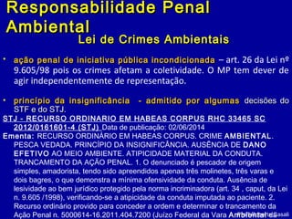Lei de Crimes AmbientaisLei de Crimes Ambientais
• ação penal de iniciativa pública incondicionadaação penal de iniciativa pública incondicionada – art. 26 da Lei nº
9.605/98 pois os crimes afetam a coletividade. O MP tem dever de
agir independentemente de representação.
• princípio da insignificância - admitido por algumasprincípio da insignificância - admitido por algumas decisões dodecisões do
STF e do STJ.STF e do STJ.
STJ - RECURSO ORDINARIO EM HABEAS CORPUS RHC 33465 SC
2012/0161601-4 (STJ) Data de publicação: 02/06/2014
Ementa: RECURSO ORDINÁRIO EM HABEAS CORPUS. CRIME AMBIENTAL.
PESCA VEDADA. PRINCÍPIO DA INSIGNIFICÂNCIA. AUSÊNCIA DE DANO
EFETIVO AO MEIO AMBIENTE. ATIPICIDADE MATERIAL DA CONDUTA.
TRANCAMENTO DA AÇÃO PENAL. 1. O denunciado é pescador de origem
simples, amadorista, tendo sido apreendidos apenas três molinetes, três varas e
dois bagres, o que demonstra a mínima ofensividade da conduta. Ausência de
lesividade ao bem jurídico protegido pela norma incriminadora (art. 34 , caput, da Lei
n. 9.605 /1998), verificando-se a atipicidade da conduta imputada ao paciente. 2.
Recurso ordinário provido para conceder a ordem e determinar o trancamento da
Ação Penal n. 5000614-16.2011.404.7200 (Juízo Federal da Vara Ambiental daProfª Roberta Casali
Responsabilidade PenalResponsabilidade Penal
AmbientalAmbiental
 