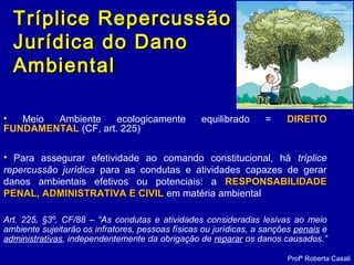 Tríplice RepercussãoTríplice Repercussão
Jurídica do DanoJurídica do Dano
AmbientalAmbiental
• Meio Ambiente ecologicamente equilibrado = DIREITO
FUNDAMENTAL (CF, art. 225)
• Para assegurar efetividade ao comando constitucional, há tríplice
repercussão jurídica para as condutas e atividades capazes de gerar
danos ambientais efetivos ou potenciais: a RESPONSABILIDADERESPONSABILIDADE
PENAL, ADMINISTRATIVA E CIVILPENAL, ADMINISTRATIVA E CIVIL em matéria ambiental
Art. 225, §3º, CF/88 – “As condutas e atividades consideradas lesivas ao meio
ambiente sujeitarão os infratores, pessoas físicas ou jurídicas, a sanções penais e
administrativas, independentemente da obrigação de reparar os danos causados.”
Profª Roberta Casali
 