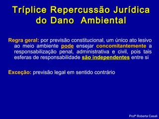 Tríplice Repercussão JurídicaTríplice Repercussão Jurídica
do Dano Ambientaldo Dano Ambiental
Regra geral: por previsão constitucional, um único ato lesivo
ao meio ambiente pode ensejar concomitantementeconcomitantemente a
responsabilização penal, administrativa e civil, pois tais
esferas de responsabilidade são independentessão independentes entre si
Exceção: previsão legal em sentido contrário
Profª Roberta Casali
 