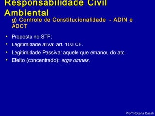 g) Controle de Constitucionalidade - ADIN e
ADCT
• Proposta no STF;
• Legitimidade ativa: art. 103 CF.
• Legitimidade Passiva: aquele que emanou do ato.
• Efeito (concentrado): erga omnes.
Profª Roberta Casali
Responsabilidade CivilResponsabilidade Civil
AmbientalAmbiental
 