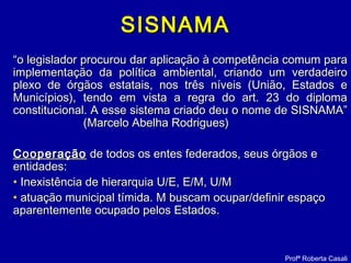 SISNAMASISNAMA
““o legislador procurou dar aplicação à competência comum parao legislador procurou dar aplicação à competência comum para
implementação da política ambiental, criando um verdadeiroimplementação da política ambiental, criando um verdadeiro
plexo de órgãos estatais, nos três níveis (União, Estados eplexo de órgãos estatais, nos três níveis (União, Estados e
Municípios), tendo em vista a regra do art. 23 do diplomaMunicípios), tendo em vista a regra do art. 23 do diploma
constitucional. A esse sistema criado deu o nome de SISNAMA”constitucional. A esse sistema criado deu o nome de SISNAMA”
(Marcelo Abelha Rodrigues)(Marcelo Abelha Rodrigues)
CooperaçãoCooperação de todos os entes federados, seus órgãos ede todos os entes federados, seus órgãos e
entidades:entidades:
• Inexistência de hierarquia U/E, E/M, U/MInexistência de hierarquia U/E, E/M, U/M
• atuação municipal tímida. M buscam ocupar/definir espaçoatuação municipal tímida. M buscam ocupar/definir espaço
aparentemente ocupado pelos Estados.aparentemente ocupado pelos Estados.
Profª Roberta Casali
 