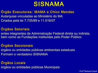 SISNAMASISNAMA
Órgão Executores: IBAMA e Chico MendesÓrgão Executores: IBAMA e Chico Mendes
Autarquias vinculadas ao Ministério do MAAutarquias vinculadas ao Ministério do MA
Criados pela lei 7.735/89 e 11.516/07Criados pela lei 7.735/89 e 11.516/07
Órgãos SetoriaisÓrgãos Setoriais
entes integrantes da Administração Federal direta ou indireta,entes integrantes da Administração Federal direta ou indireta,
bem como as Fundações instituídas pelo Poder Públicobem como as Fundações instituídas pelo Poder Público
Órgãos SeccionaisÓrgãos Seccionais
órgãos ou entidades públicas ambientais estaduaisórgãos ou entidades públicas ambientais estaduais
Formam o verdadeiro SISNAMAFormam o verdadeiro SISNAMA
Órgãos LocaisÓrgãos Locais
órgãos ou entidades públicas Municipaisórgãos ou entidades públicas Municipais
Profª Roberta Casali
 