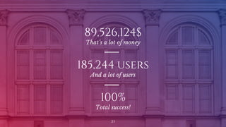 89,526,124$
That’s a lot of money
100%
Total success!
185,244 users
And a lot of users
23
 