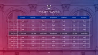 Weekly Planner
43
SUNDAY MONDAY TUESDAY WEDNESDAY THURSDAY FRIDAY SATURDAY
9:00 - 9:45 Task Task Task Task Task Task Task
10:00 - 10:45 Task Task Task Task Task Task Task
11:00 - 11:45 Task Task Task Task Task Task Task
12:00 - 13:15 ✔ Free time ✔ Free time ✔ Free time ✔ Free time ✔ Free time ✔ Free time ✔ Free time
13:30 - 14:15 Task Task Task Task Task Task Task
14:30 - 15:15 Task Task Task Task Task Task Task
15:30 - 16:15 Task Task Task Task Task Task Task
 
