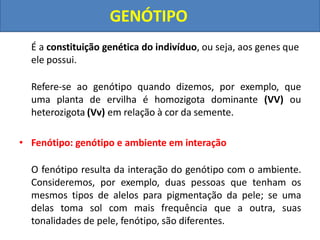 É a constituição genética do indivíduo, ou seja, aos genes que
ele possui.
Refere-se ao genótipo quando dizemos, por exemplo, que
uma planta de ervilha é homozigota dominante (VV) ou
heterozigota (Vv) em relação à cor da semente.
• Fenótipo: genótipo e ambiente em interação
O fenótipo resulta da interação do genótipo com o ambiente.
Consideremos, por exemplo, duas pessoas que tenham os
mesmos tipos de alelos para pigmentação da pele; se uma
delas toma sol com mais frequência que a outra, suas
tonalidades de pele, fenótipo, são diferentes.
GENÓTIPO
 