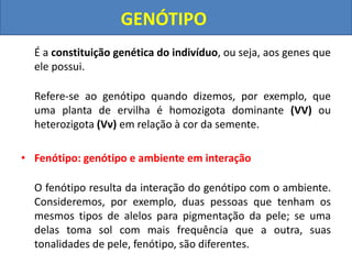 É a constituição genética do indivíduo, ou seja, aos genes que
ele possui.
Refere-se ao genótipo quando dizemos, por exemplo, que
uma planta de ervilha é homozigota dominante (VV) ou
heterozigota (Vv) em relação à cor da semente.
• Fenótipo: genótipo e ambiente em interação
O fenótipo resulta da interação do genótipo com o ambiente.
Consideremos, por exemplo, duas pessoas que tenham os
mesmos tipos de alelos para pigmentação da pele; se uma
delas toma sol com mais frequência que a outra, suas
tonalidades de pele, fenótipo, são diferentes.
GENÓTIPO
 